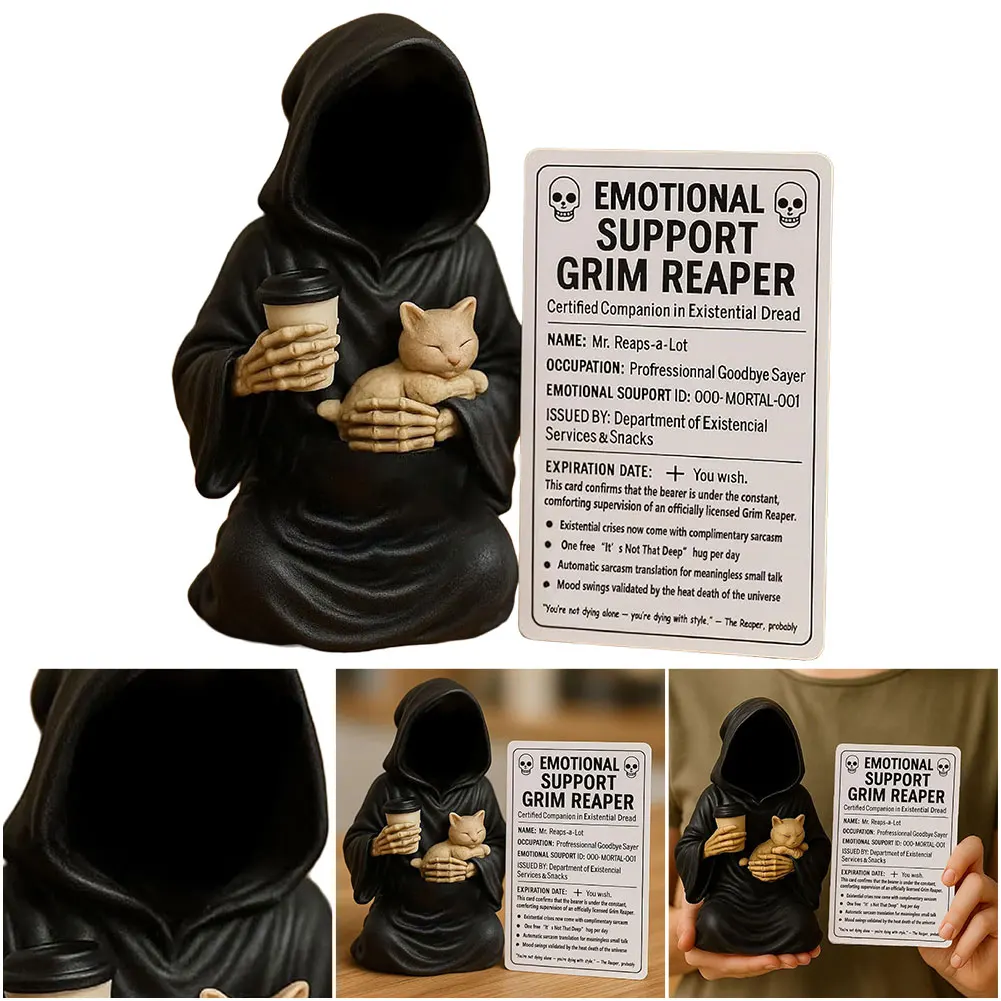 Emotional Support Grim Reaper Figurine with Support Card Resin Gothic The Death God Statue Desktop Ornament Halloween Decoration