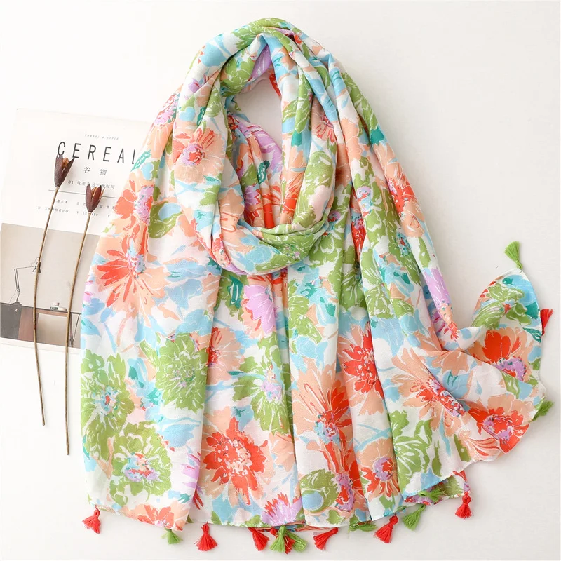 Fashion Women Spring Autumn Viscose Scarf Shawl Small Cherry Floral Tassel Pashmina Stole Wrap Echarpe Foulard Muslim Hijab Caps 2