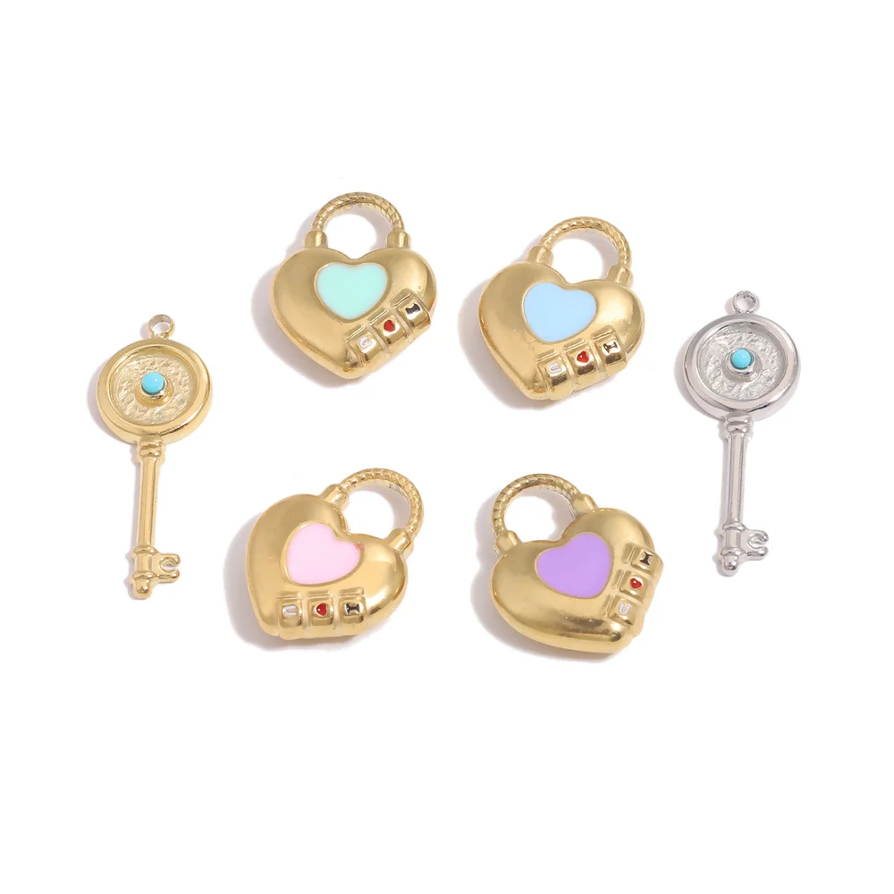 5pcs Stainless Steel Gold Enamel LOVE Lock Key Charms Couple Love Pendants Diy Necklace Bracelet Jewelry Making Supplies |