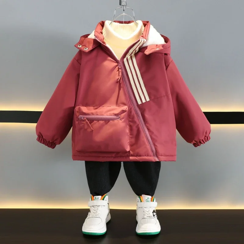 

Autumn Winter Boys Coats Thicken Hooded Cotton Plus Velvet Warm Baby Outerwear Stripe Thermal Outfit Jackets for Kids 2-11 Years