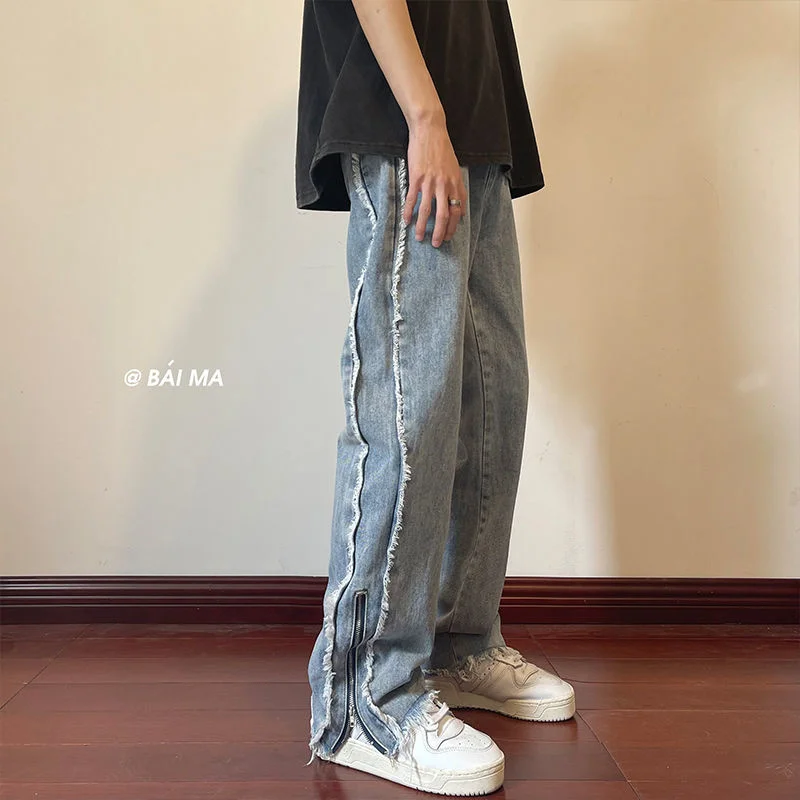 

Raw Edge Mopping Jeans Men's Casual All-match Fashion Straight Wide Leg Pants Oversize Spring Summer Zipper Denim Pants Thin