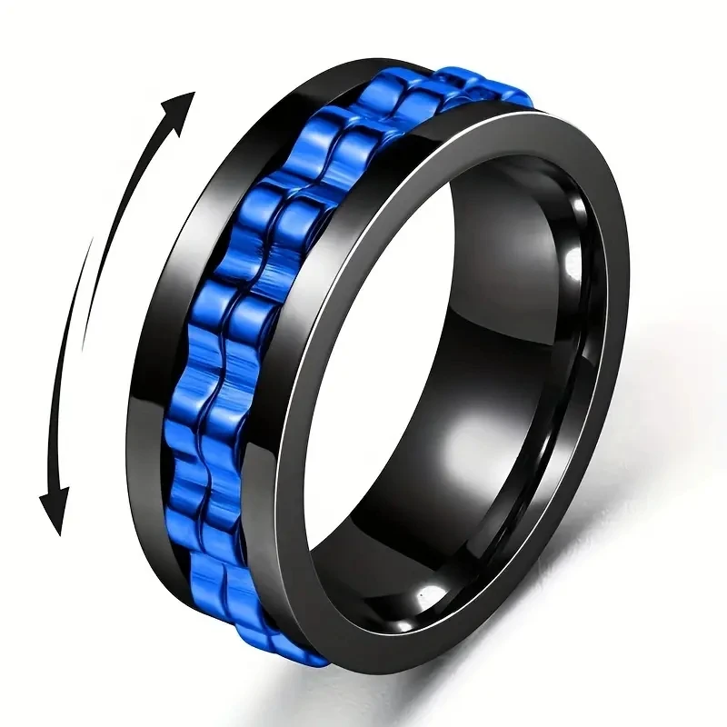 Anti Stress Stainless Steel Ring For Men Gear Chain Rotating Anxiety Relief Spinning Fidget Rings Punk Jewelry Bague Homme