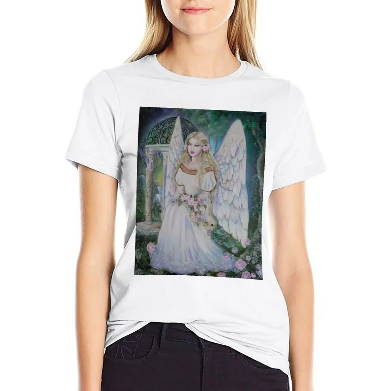 Angel In Secret Garden Plain Background T-Shirt Lady Clothes Kawaii Clothes Summer Clothes For Women