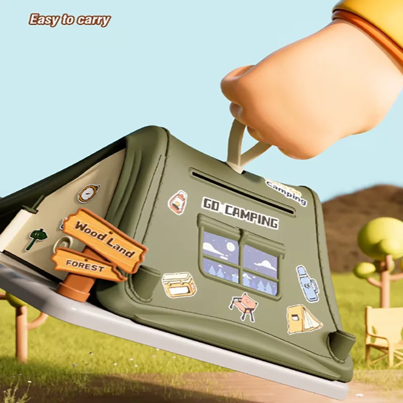 Tent Piggy Bank Key Lock Money Saving Box Cash Coin Deposit Storage ATM Machine Pretend Play Educational Toy Kid Birthday Gift