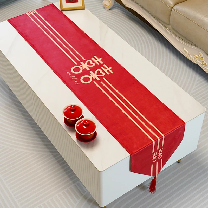 

Long Shaped Table Cloth for Wedding Celebration, Red Bed Flag, Tea Table, TV Cabinet, Chinese Style, New