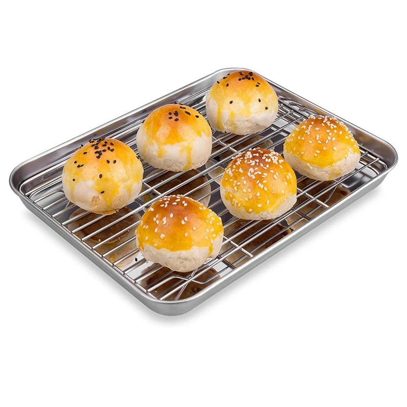 ABGH-2 Set Toaster Oven Tray And Rack Set, Small Stainless Steel Baking Pan With Cooling Rack, 10 Inch & 9 Inch