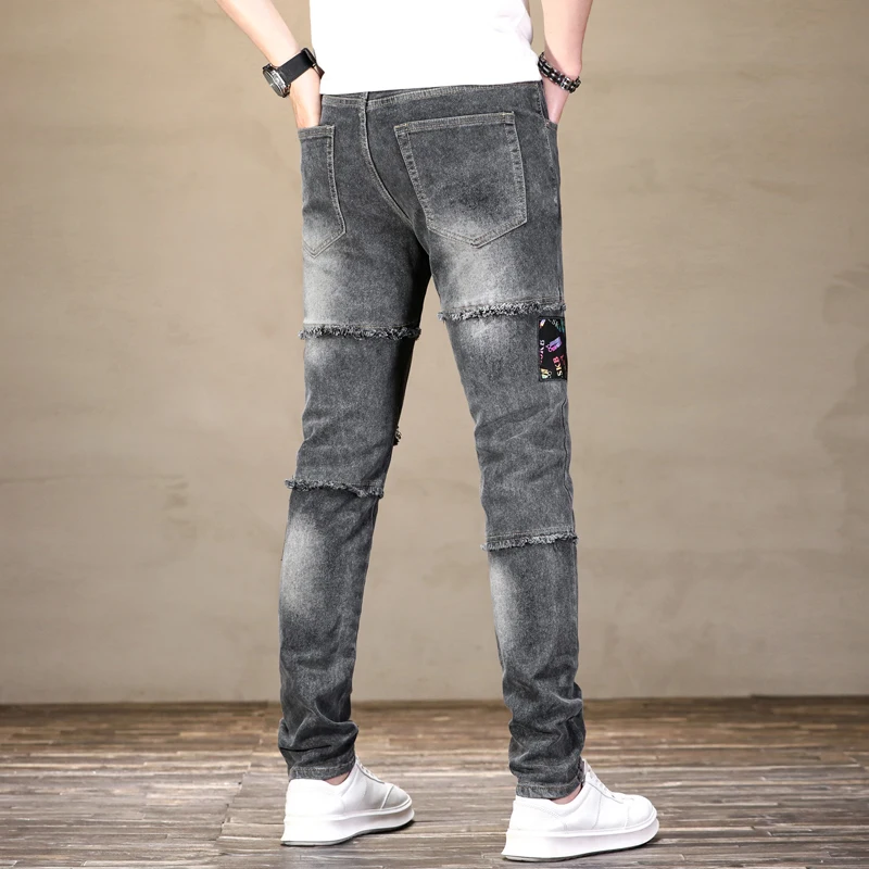 Men's ripped jeans personalized patch printing color stitching slim straight stretch high street motorcycle trousers