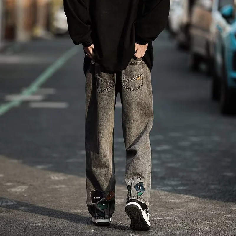 Black gray wide leg jeans men in 2023 new design sense for the niche hanging feeling the old man's pants straight leg pants