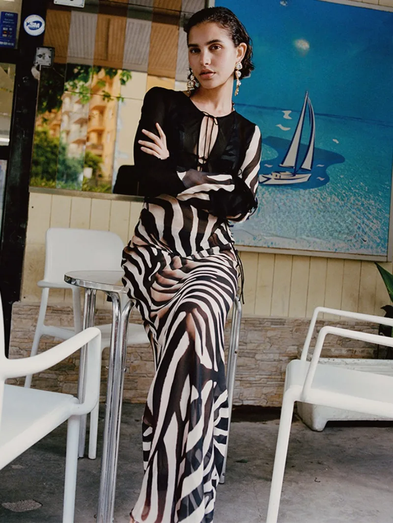 

Women V-neck Lace Up Zebra-stripe Chiffon Dress 2024 Summer Sexy See-through Bandage Black Patchwork Vacation Beach Long Dresses