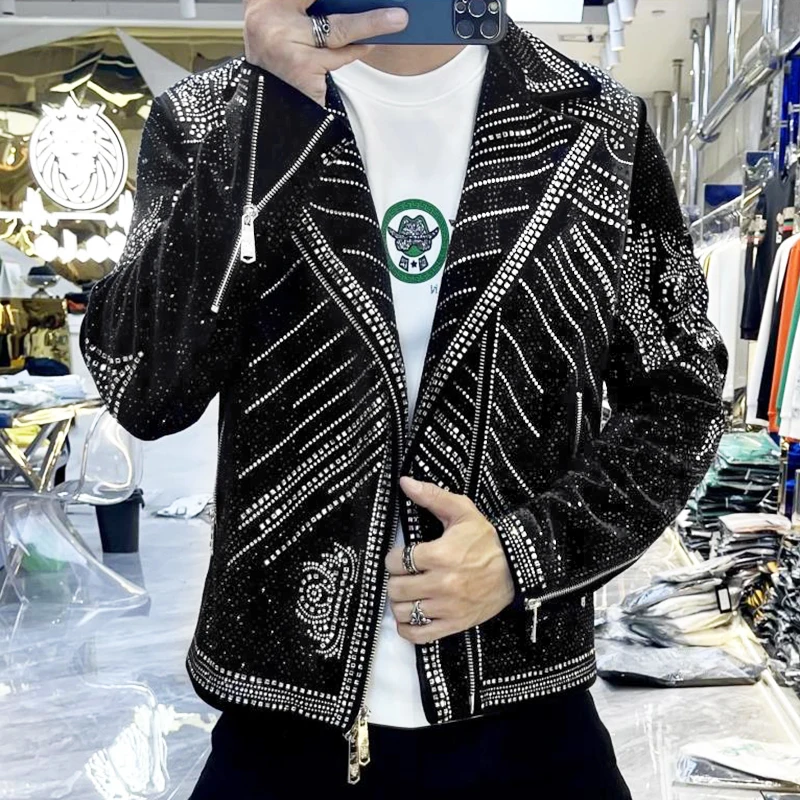 

High Quality Rhinestones Luxury Hot Drill Jacket Men Jaqueta Bomber Diamond Men Jacket Coat Fashion Punk Club Outfit Slim Jacket