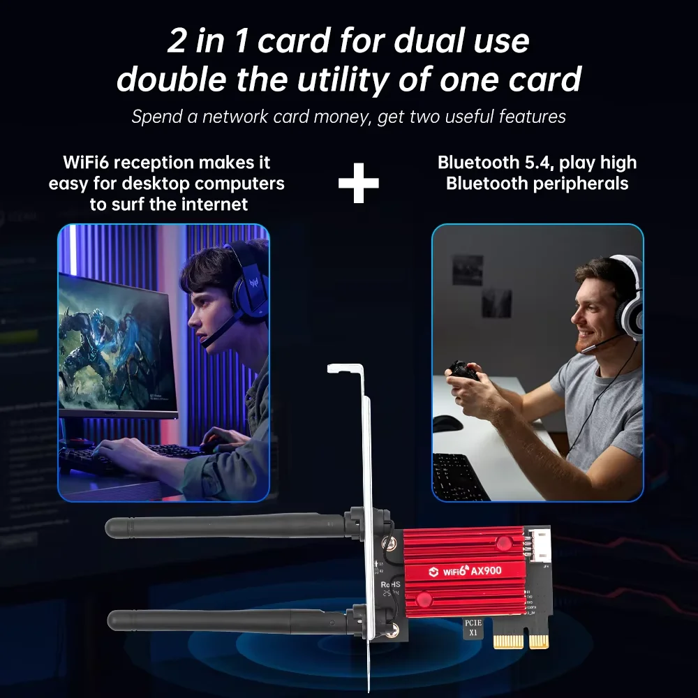 AX900 WiFi 6 블루투스 5.4 PCIe 카드 600Mbps 데스크탑 PC 게임용 4K 스트리밍 WPA3 Win10/11 낮은 대기 시간 듀얼 안테나 MU-MIMO