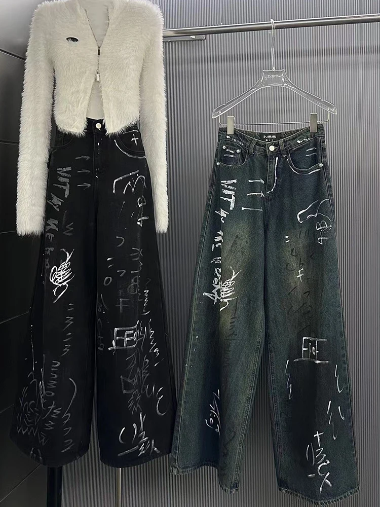 

2000s Aesthetic Punk Women Cyber Denim Pants Tide Grunge Graffiti Jeans Trashy Y2k Streetwear Japanese Fashion Baggy Wide Leg