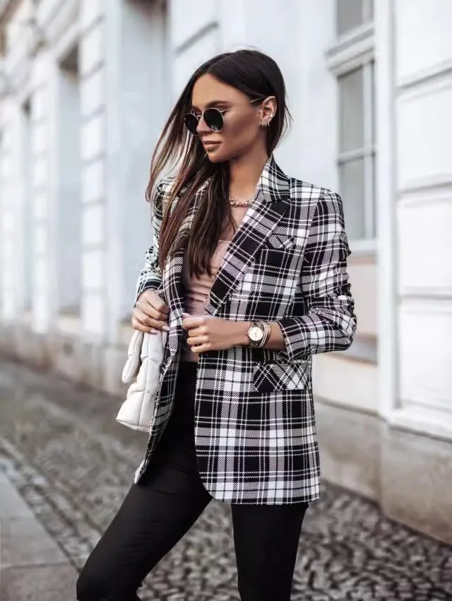 Women's New Long sleeved Double breasted Suit Plaid Coat Loose and Personalized Versatile Commuter Clothing