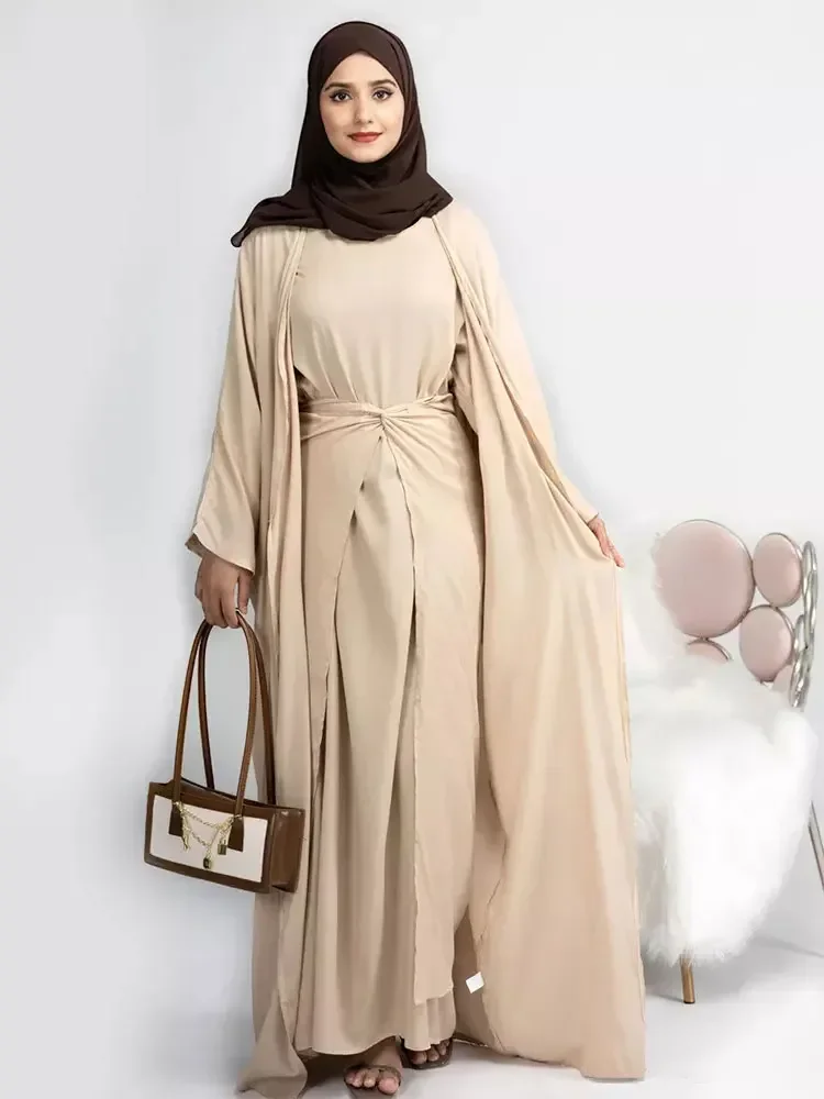 3 Piece Linen Abaya Kimono Set Matching Muslim Suit Sets Eid Abayas for Women Dubai Turkey Hijab Dress + Wrap Skirt Islam Outfit