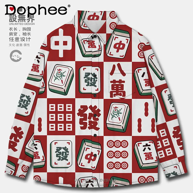 Fashion Chinese Style Clothes Good Luck Mahjong Rich Over Size Long Sleeve Shirt Men Women Youth Popularity Trendy Shirts