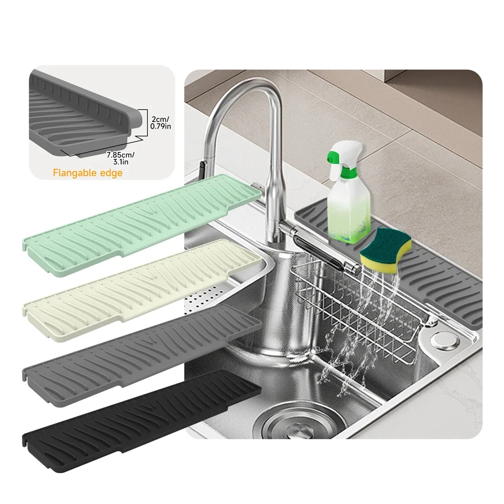 1x 17.7inch Silicone Sink Mat Kitchen Sink Slope Splash Guard Countertop Protector Slope Efficient Drainage Kitchen Tools