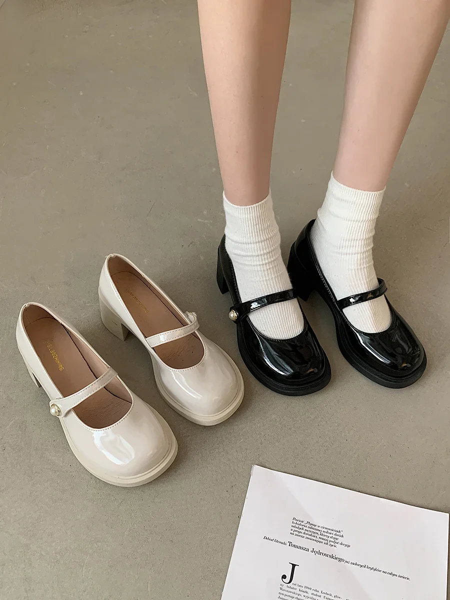 

Женские туфли, кожаные туфли в стиле ретро, женские туфли с неглубоким вырезом и жемчугом, Туфли Мэри Джейн на высоком каблуке, новинка 2023