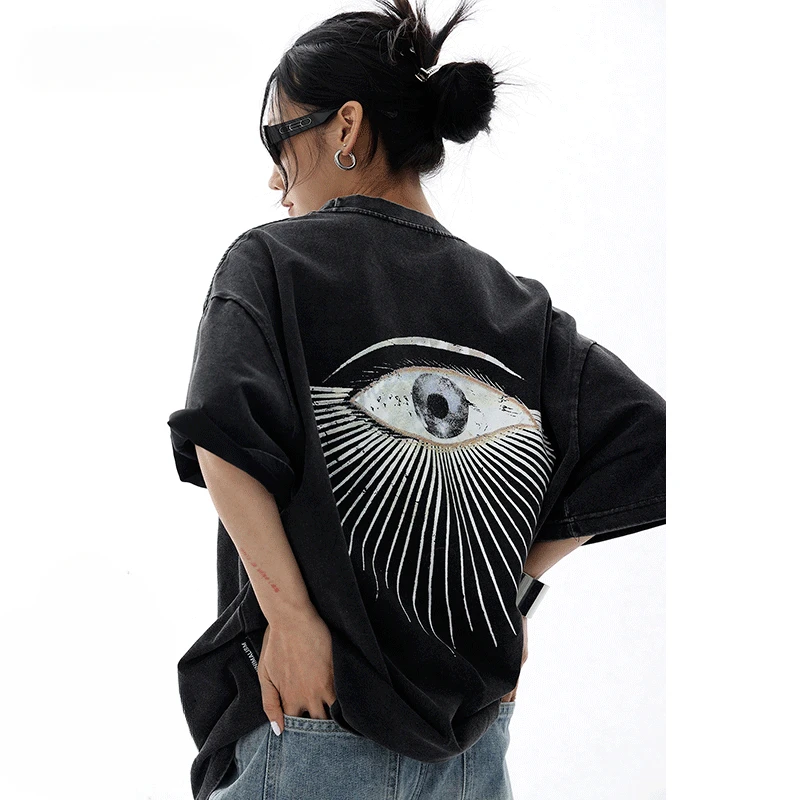 

American retro washed distressed eye print short-sleeved T-shirt for women summer pure cotton high street trendy couple ins tops