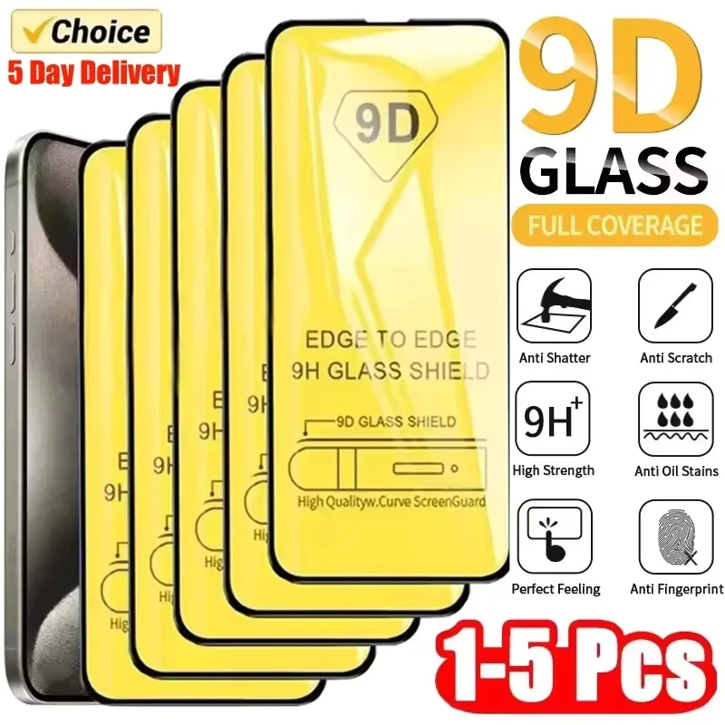 1-5PCS 9D Full Cover Tempered Glass For iPhone 11 12 13 14 15 16 Pro Max 16E Screen Protector For iPhone 13 Mini XR X XS MAX 1