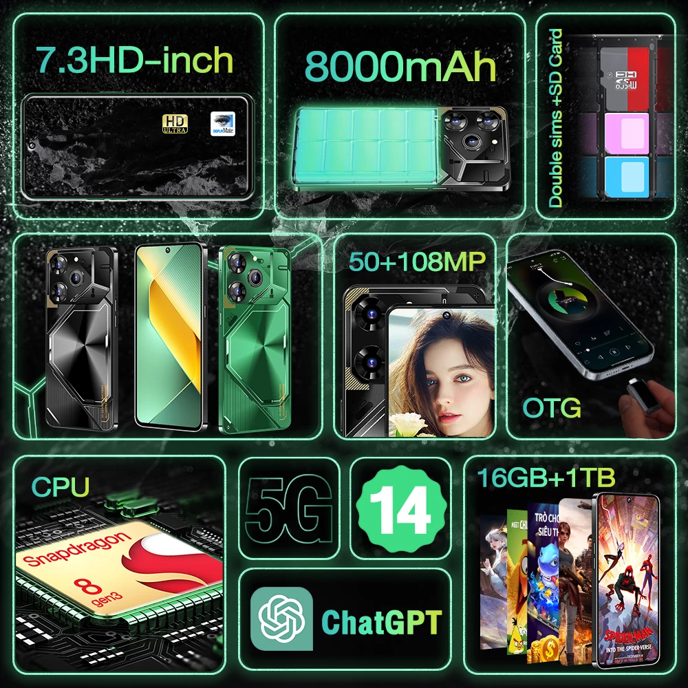 포바 6 프로 오리지널 스마트폰, 안드로이드 14, NFC 잠금 해제, 5G 7.3 인치 HD 16G + 1TB 휴대폰, 듀얼 SIM 휴대폰, 50 + 108MP, 8000mAh