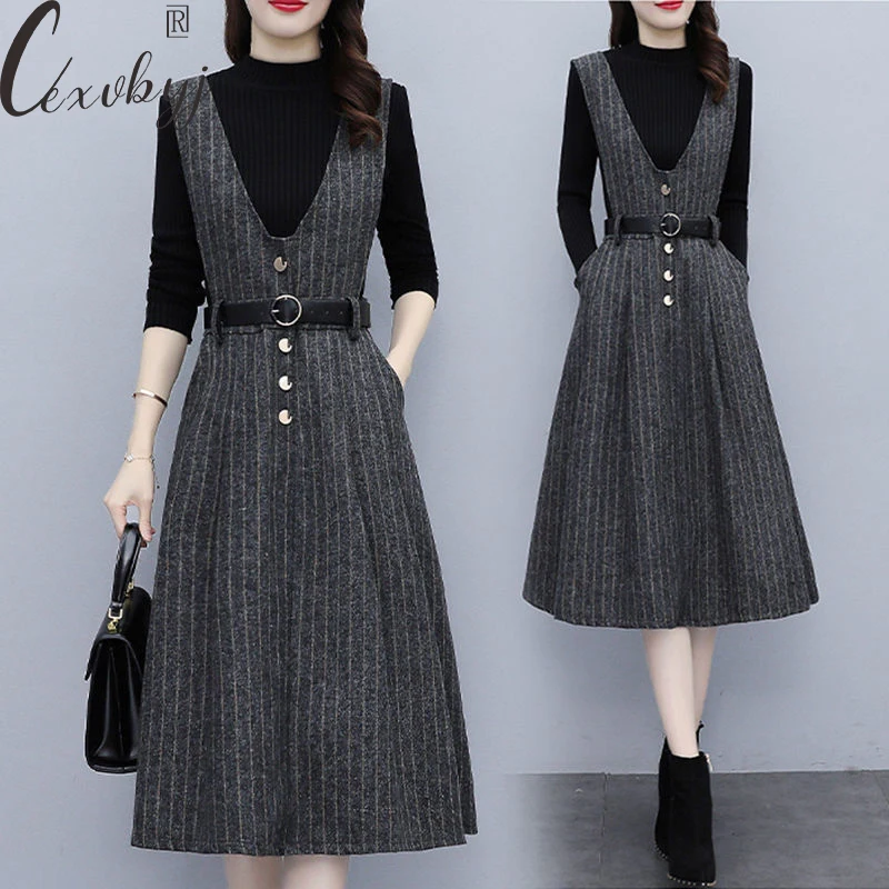 Casual Stripe Vintage Dress 2 Peice Set Women Knitwear Pullover Top+Sleeveless Vestidos With Belt Elegant Outfits Plus Size Suit
