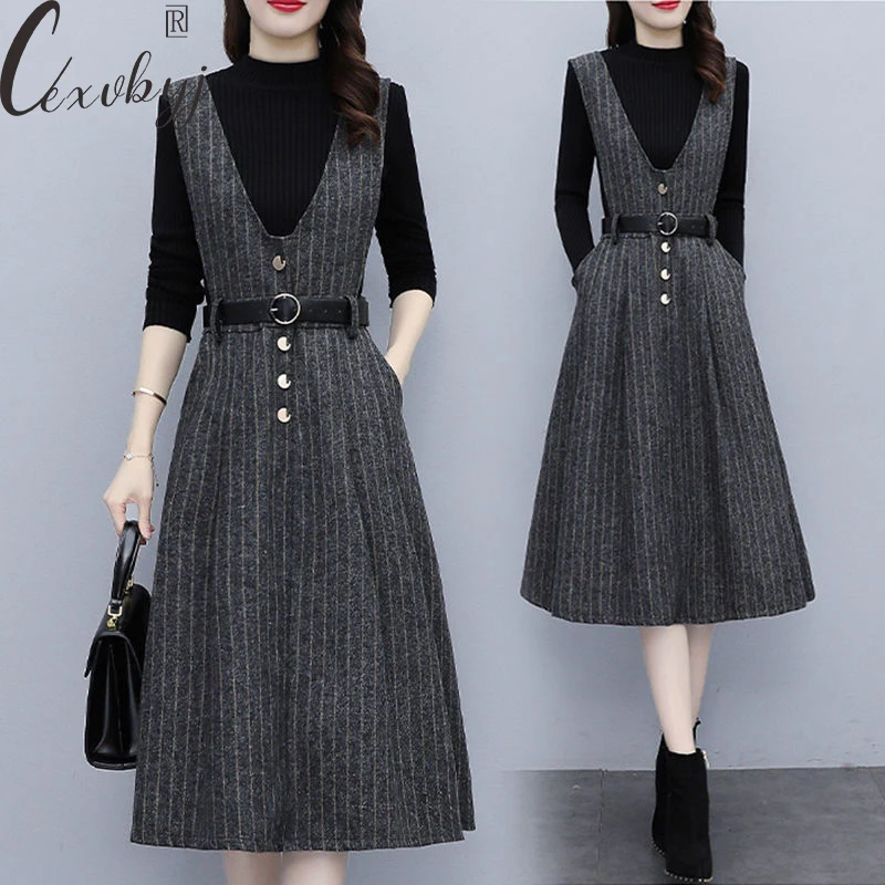

Casual Stripe Vintage Dress 2 Peice Set Women Knitwear Pullover Top+Sleeveless Vestidos With Belt Elegant Outfits Plus Size Suit