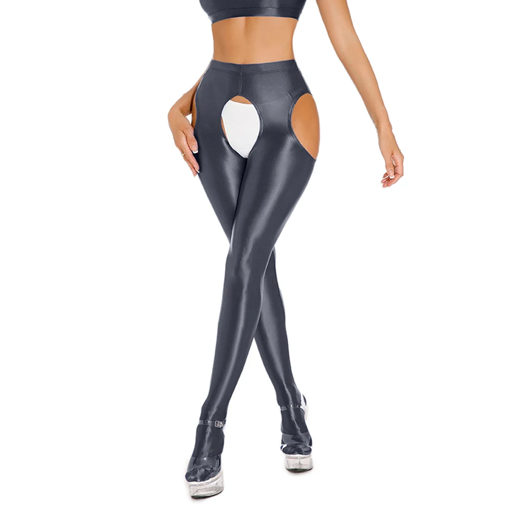 Women Sexy Leggings Hollow Glossy Shiny Sheer Stretchy Open Crotch Skinny Dance Yoga Pants Open-End Temptation Uniform Women Leggings