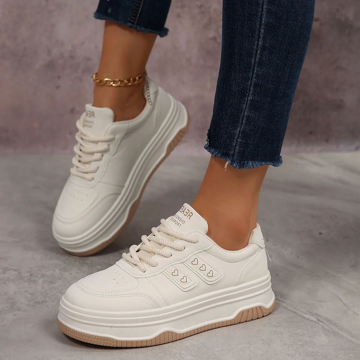 Women's Thick Bottomed Classic White Sneakers Spring/autumn Fashion Round Toe Lace Up Casual Comfortable Women's Shoes