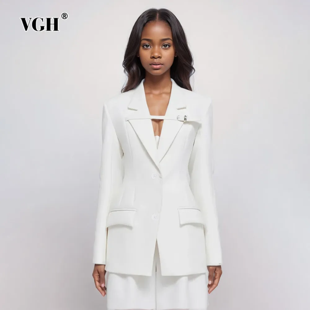 

VGH Casual Patchwork Belt Solid Blazers For Women Notched Collar Long Sleeve Spliced Pockets Minimalist Blazer Female Fashion