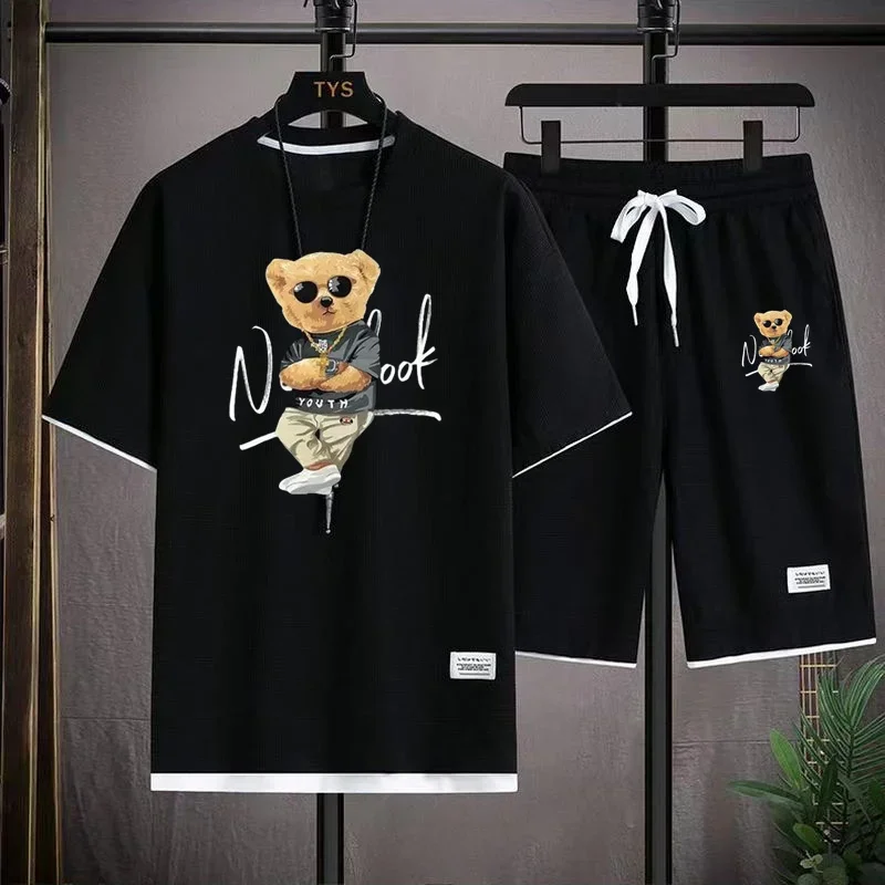 

2024 Summer men's sportswear set Korean fashion Harajuku Sportswear men's casual short-sleeved T-shirt + shorts 2-piece set