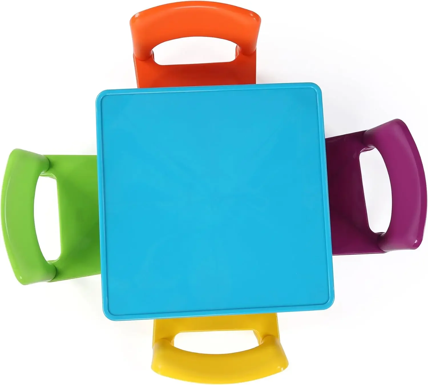 Crew, Blue Table & Red/Green/Yellow/Purple Kids Lightweight Plastic Table and 4 Chairs Set, Square