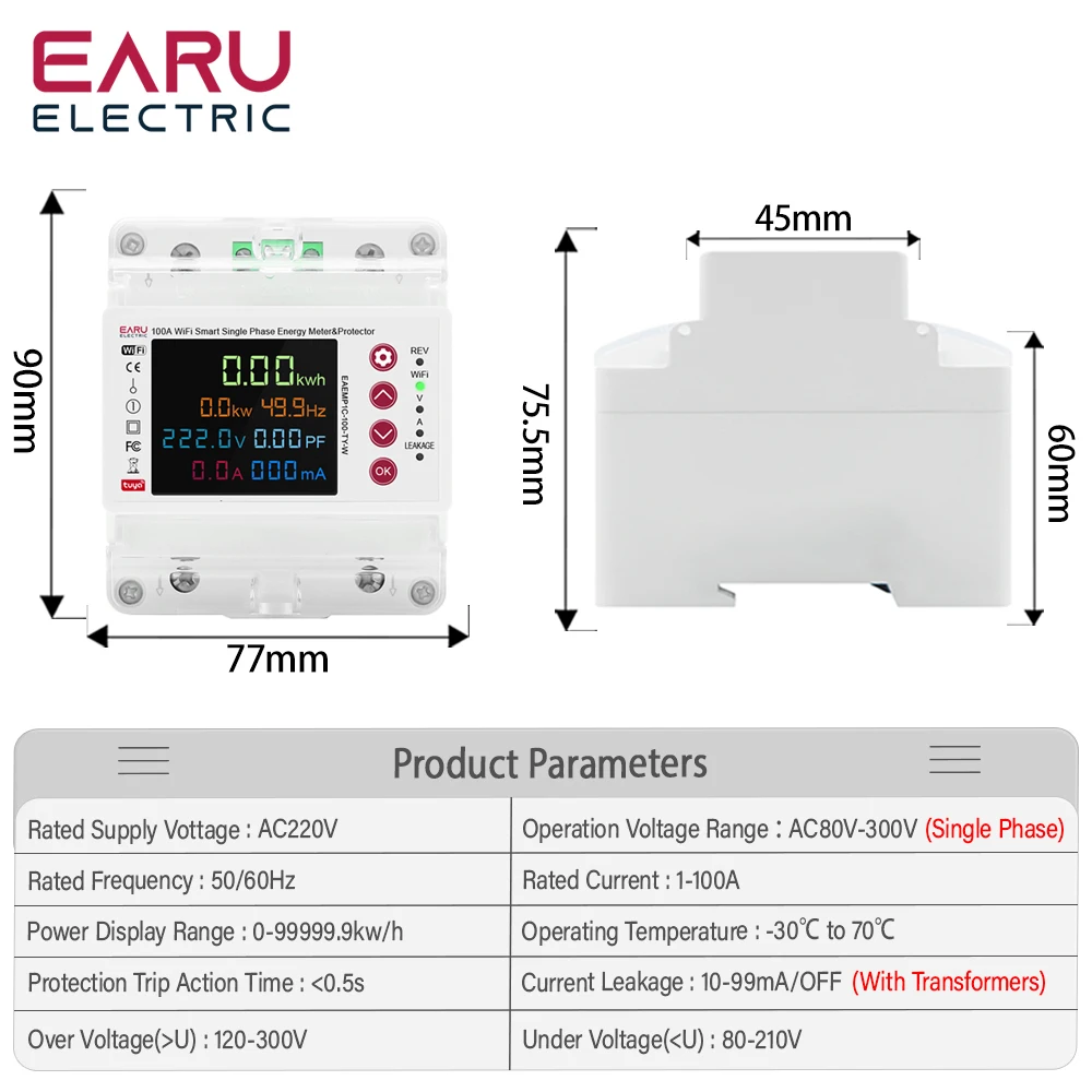 Tuya 2P 100A WiFi Smart Bi-Directional Energy Power kWh Meter Leakage Over Unde