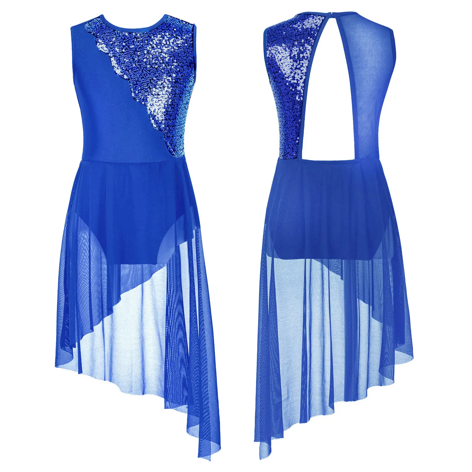 thumbnail image 1 of Vestido de competición de baile de ballet y patinaje artístico para niñas pequeñas, sin mangas, con lentejuelas brillantes y dobladillo irregular, con espalda hueca, 1 of 5