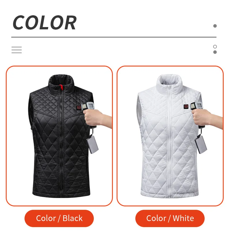 An Electric Heated Vest for women in black, white, and red designed to provide warmth in cold weather.