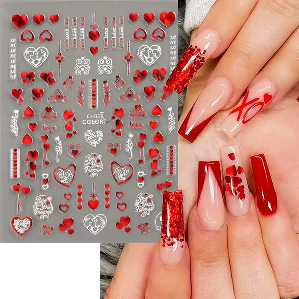 3DRed Heart Love Design Nail Art Stickers Geometry Line Heart Rose Flower Pattern Trasnfer Sliders Valentine Nail Art Decoration shopants nail stamping plates geometry stripe deer bird rose butterfly flower pattern stencil mold nail art stamp templates