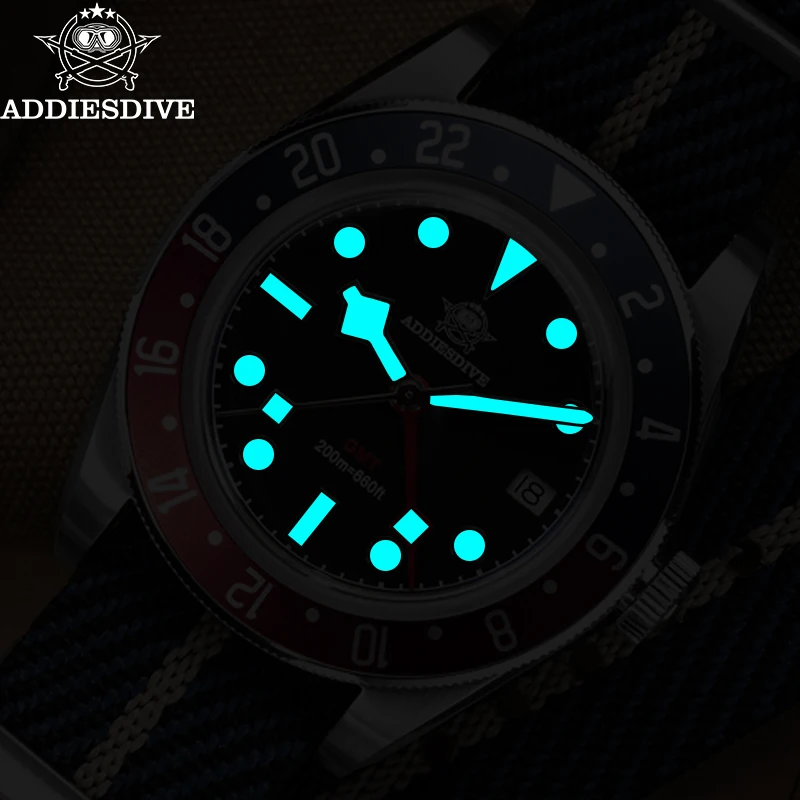 ADDIESDIVE Luxury  AD2044 Men Quartz Watch Bubble Mirror Glass GMT Watches relogios masculino BGW9 Luminous 200M Dive WristWatch