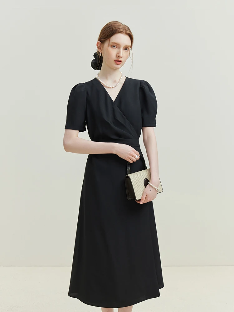 FSLE French Style V-Neck Dress For Women Summer 2023 New Waistband Slim Dress For Women Green Black Pink High Waist 