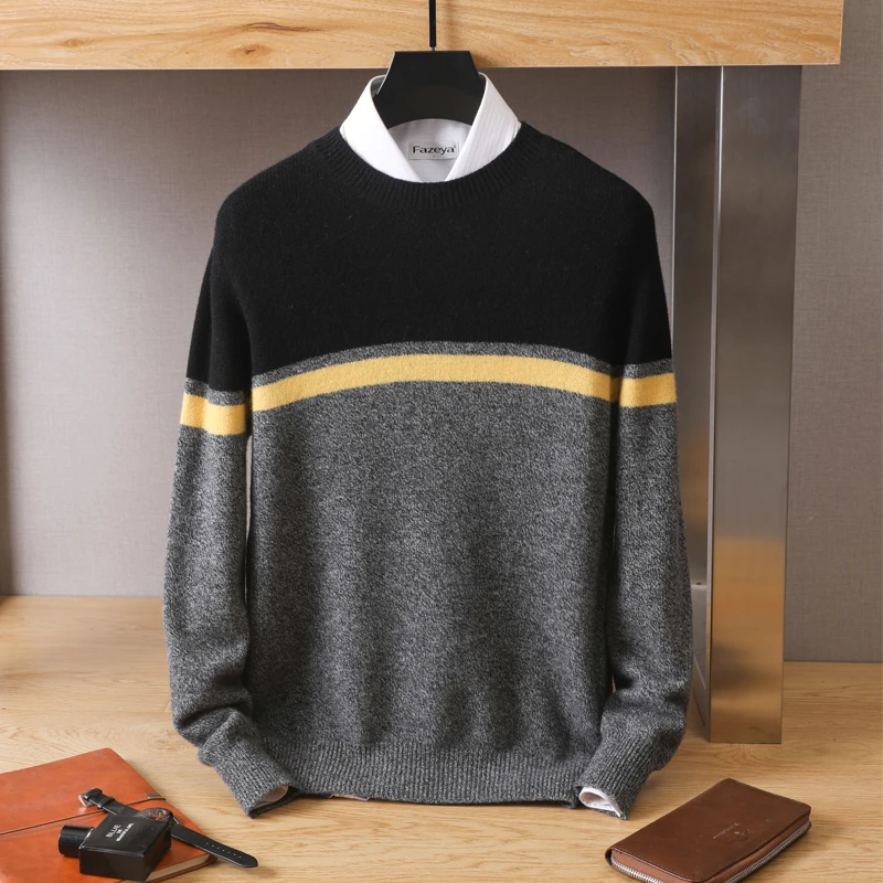 

100 Pure Wool Sweater Men's Outerwear O Neck Knitted Autumn Winter New Stripe Casual Long Sleeve Color Contrast Backing Cashmere