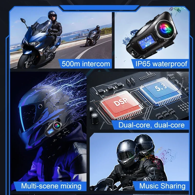 Helmet Intercom Bluetooth 5.3 LCD Display for 2 Riders