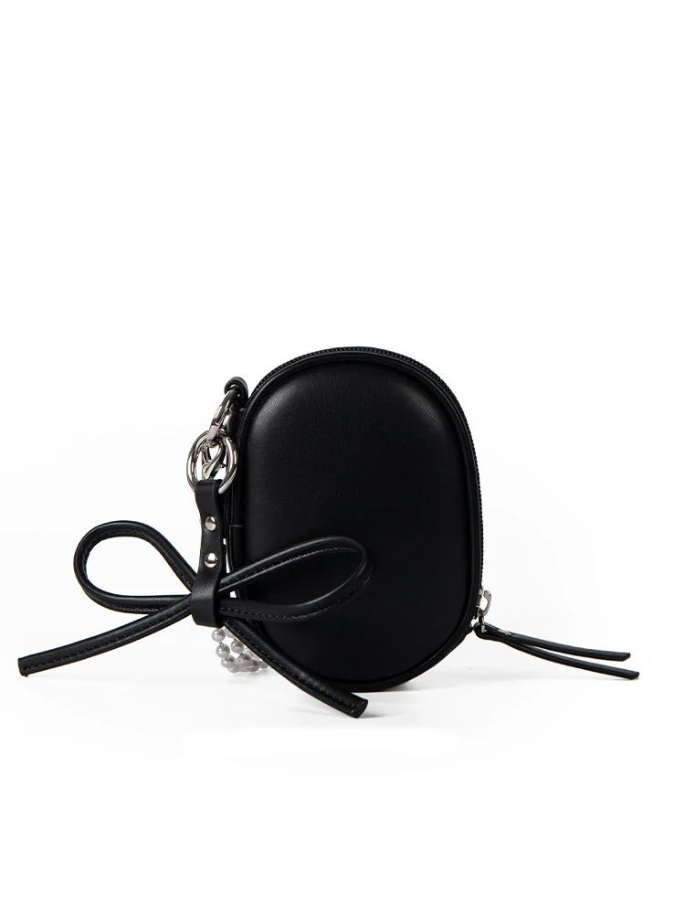 Cute Bow Mini Wallet For Women Chic Versatile Pearl Chain Shoulder Crossbody Bags 2024 New Solid Zippered Girl Daily Coin Purse
