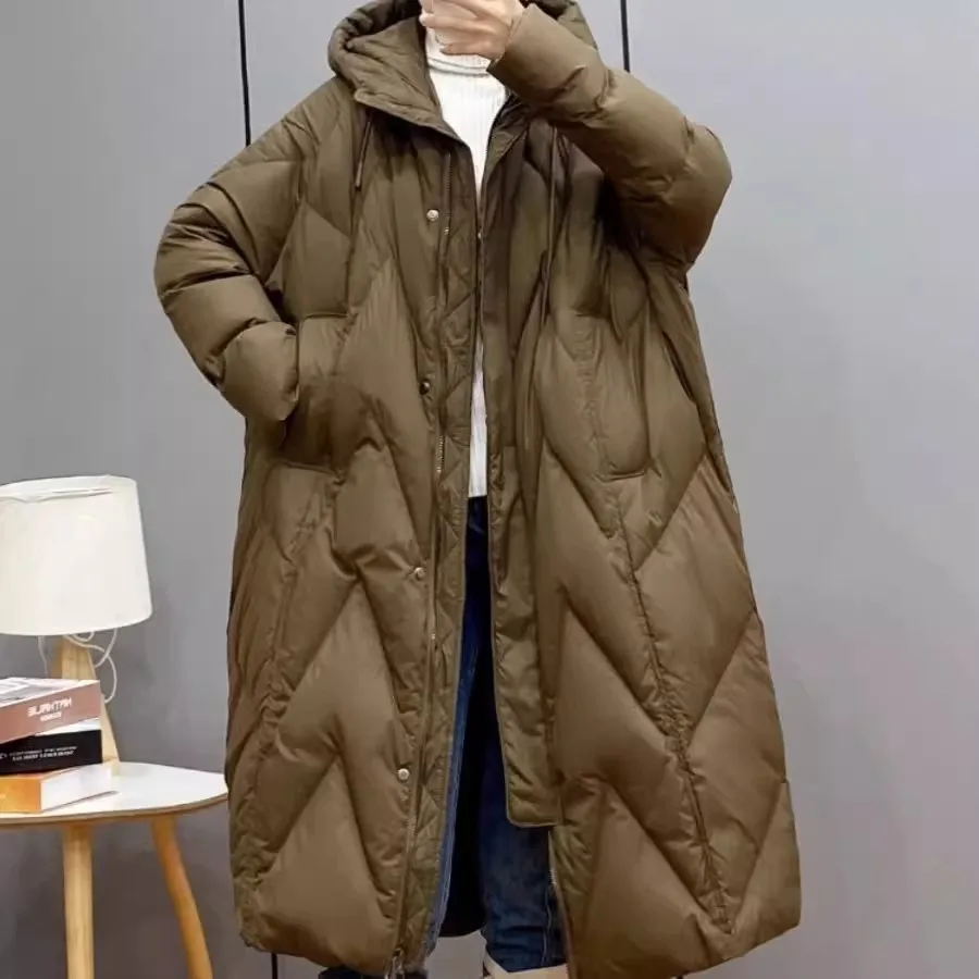 Retro Commuting Loose And Thick Down Cotton jacket for women, New Over The Knee long Plus Size Hooded Parka Winter Outwear Red