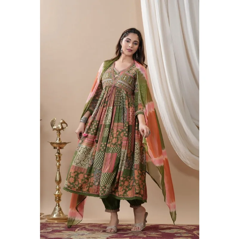 

Beautiful Punjabi Style Prints and Embroidery Work Anarkali Kurti Pants Dupatta