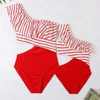 Family Matching Look Mom Girls Kids Ruffles Swimsuit Family Beach Wear Mother and Daughter Swimwear Outfit Women Stripe Swimsuit 1