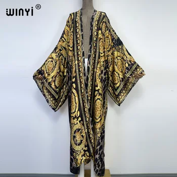 WINYI 2022 africa Boho Printed Long Kimono Dress Bikini Wrap Cover-ups Women Summer Clothes Beach Wear Swim Suit Cover Up kaftan 1