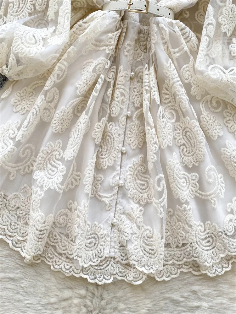 Wmstart dresses for women Sweet V neck lantern sleeves embroidered slimming single breasted A line elegant dress 2025