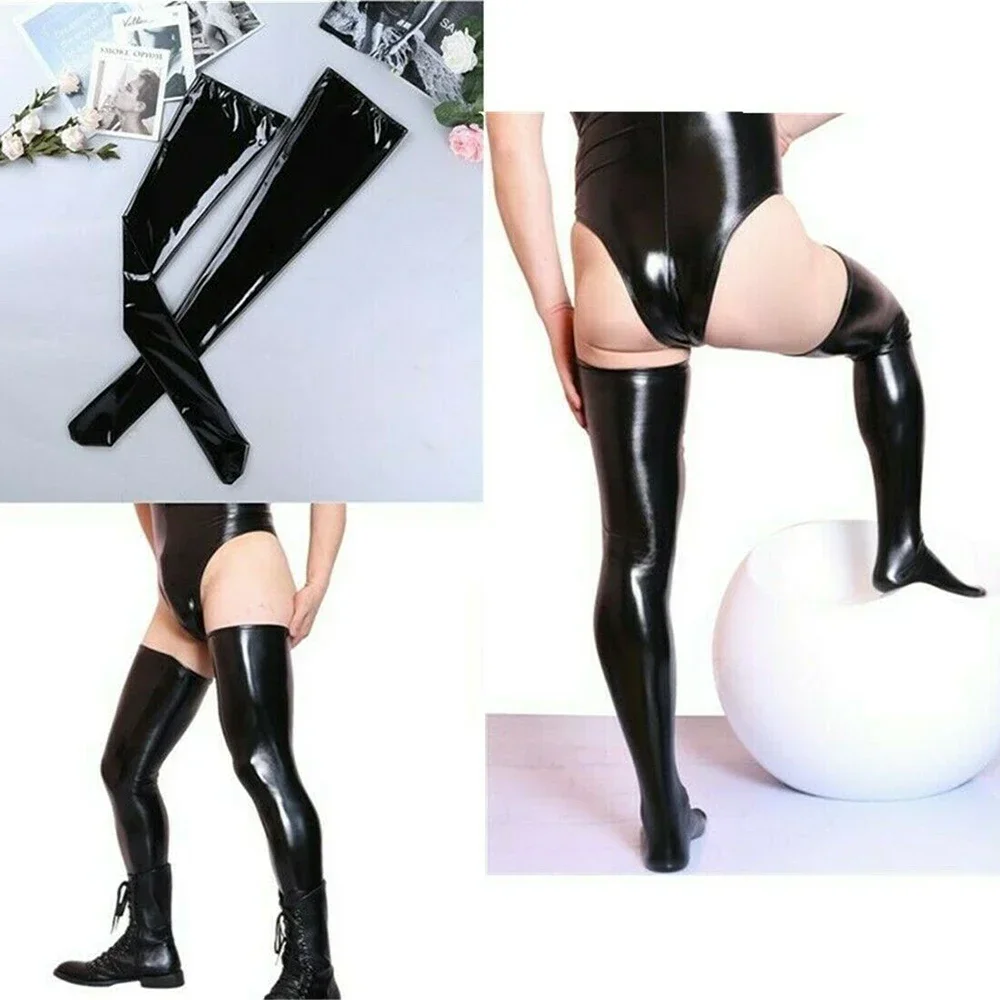 1 Pair Sexy Men's Wet Look Latex Leather High Socks Thigh High Footed Stockings Tights Socks Clubwear Stage Unisex Pantyhose