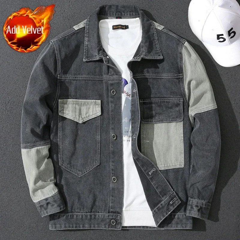 thumbnail image 1 of Abrigo de Jeans para Hombre Empalmado Gris con Oveja Chaquetas de Mezclilla Hombre Cálidas Acolchadas de Lana Mangas Anchas Acolchado Corea de Tela Talla L Vaquero, 1 of 5