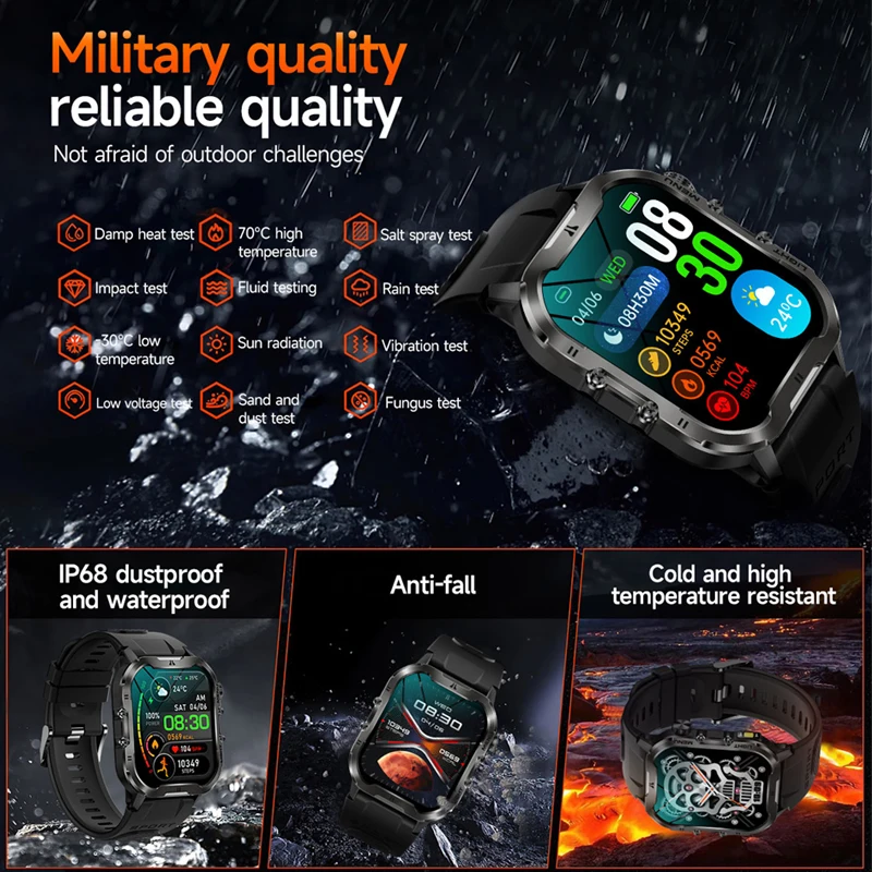 For Xiaomi Military Smart Watch Men IP68 Waterproof Outdoor Sports Fitness Watches Health Monitoring 1.96" BT Call Smartwatch - Image 2
