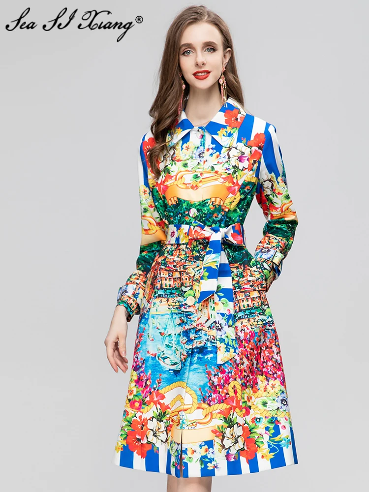 

Seasixiang Fashion Autumn Sicily Trench Coat Women Long Sleeve Single breasted Pockets Lace-up Flowers Print Vintage Dresses