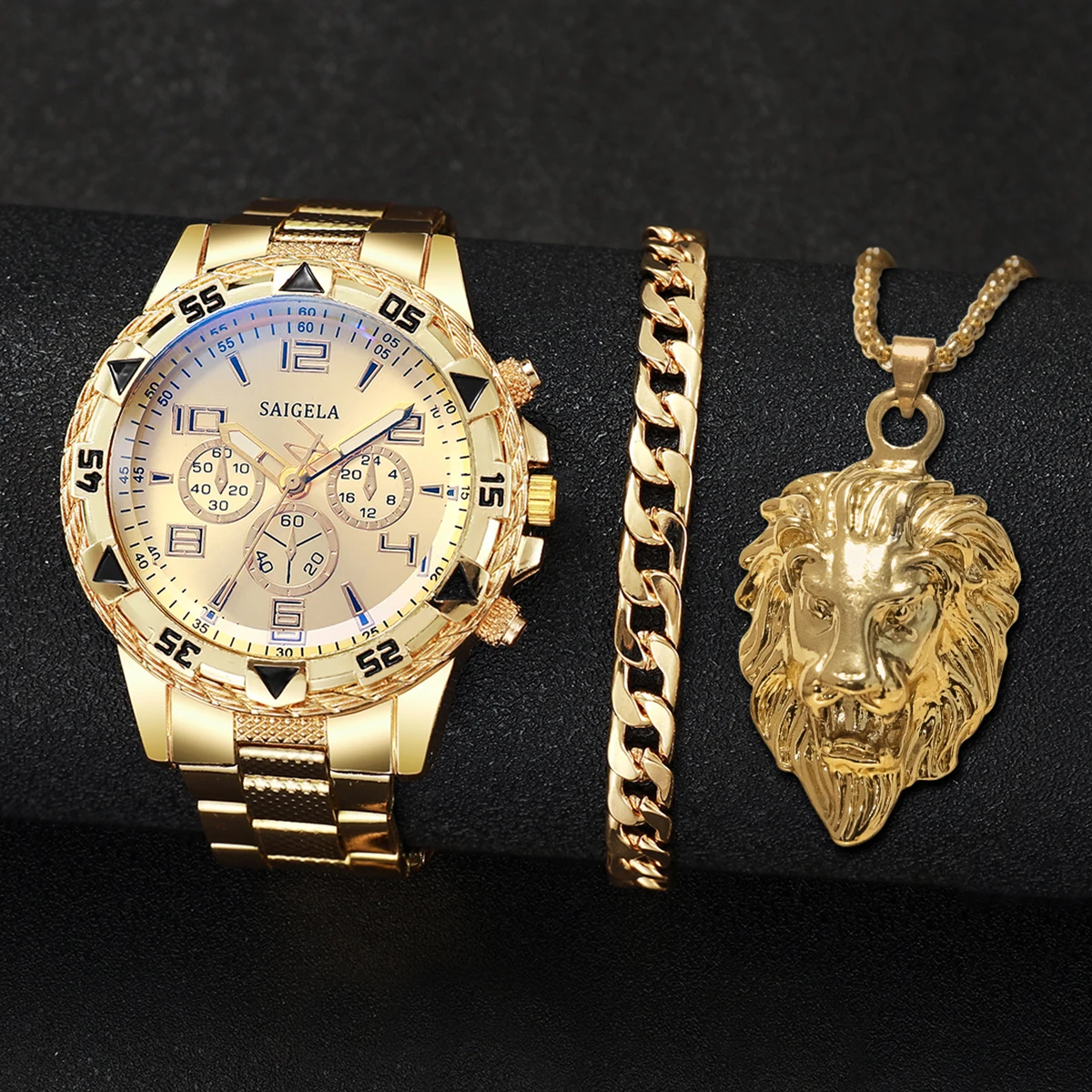 3pcs/set Fashion Men's Luxury Watch Set Trendy Party Hip Hop Men's Quartz Analog Watch with Jewelry Set(Box not included)）